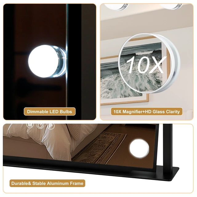 Alt view image 7 of 7 - Moonee Vanity Mirror with Lights, Black Hollywood Lighted Makeup Mirror with 14 Dimmable Bulbs and 10X Magnification 360°Rotation, Light Up Mirror for 3 Color Mode, Aluminum Metal Frame (19" x 16"