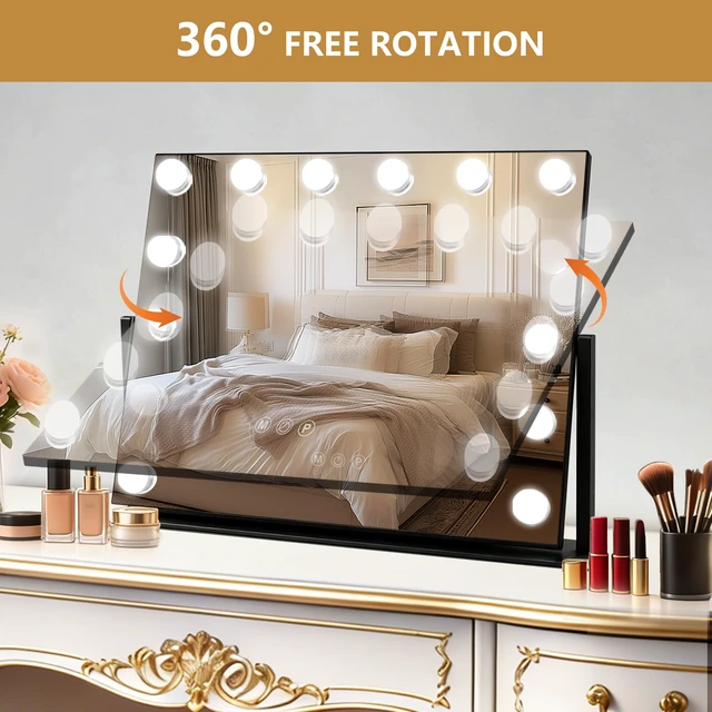 Alt view image 6 of 7 - Moonee Vanity Mirror with Lights, Black Hollywood Lighted Makeup Mirror with 14 Dimmable Bulbs and 10X Magnification 360°Rotation, Light Up Mirror for 3 Color Mode, Aluminum Metal Frame (19" x 16"