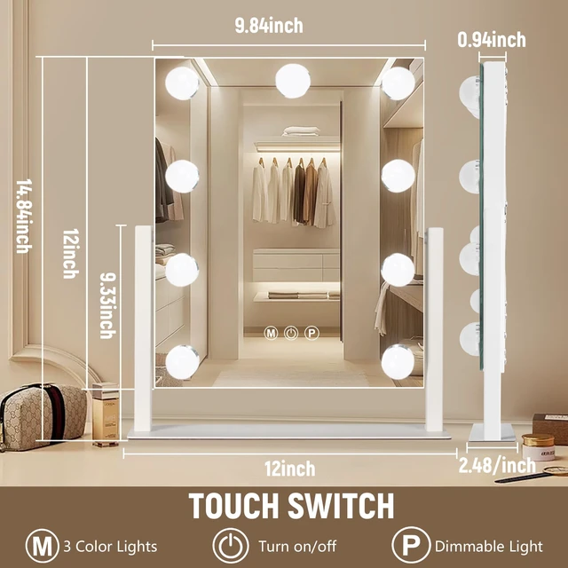 Alt view image 3 of 7 - Ratsamee Rechargeable Vanity Mirror, 8000mAh 12"×14" Makeup Mirror | 8000mAh Rechargeable , Memory Function, Cordless Design,3 Color Modes & Dimming, Adjustable Angle, Magnifying Glass, Gift