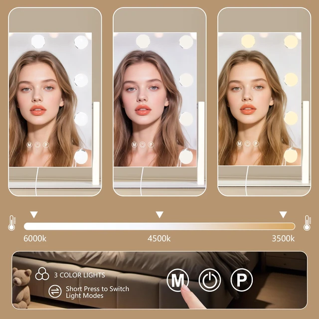 Alt view image 4 of 7 - Ratsamee Rechargeable Vanity Mirror, 8000mAh 12"×14" Makeup Mirror | 8000mAh Rechargeable , Memory Function, Cordless Design,3 Color Modes & Dimming, Adjustable Angle, Magnifying Glass, Gift