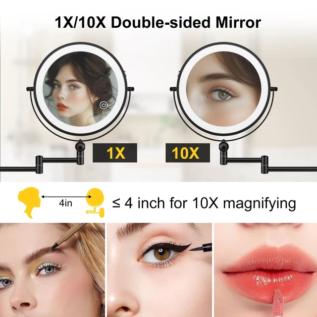 Alt view image 3 of 6 - 9" Wall Mounted Lighted Makeup Mirror,4000mAh Rechargeable Double Sided 1X/10X Magnifying Mirror with Light,3 Color Lights,Touch Dimmable,Extended Arm 360 Rotation Wall Mounted Makeup Mirror