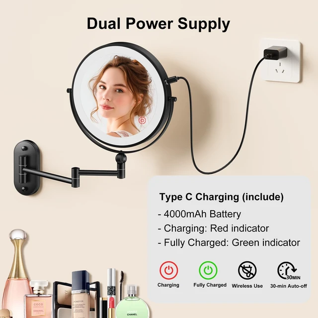 Alt view image 4 of 6 - 9" Wall Mounted Lighted Makeup Mirror,4000mAh Rechargeable Double Sided 1X/10X Magnifying Mirror with Light,3 Color Lights,Touch Dimmable,Extended Arm 360 Rotation Wall Mounted Makeup Mirror