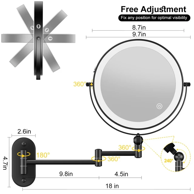 Alt view image 6 of 6 - 9" Wall Mounted Lighted Makeup Mirror,4000mAh Rechargeable Double Sided 1X/10X Magnifying Mirror with Light,3 Color Lights,Touch Dimmable,Extended Arm 360 Rotation Wall Mounted Makeup Mirror
