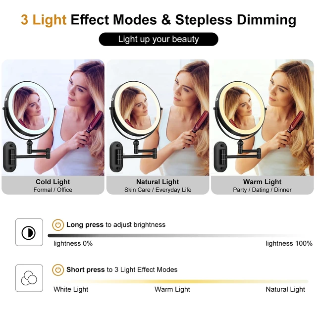 Alt view image 5 of 6 - 9" Wall Mounted Lighted Makeup Mirror,4000mAh Rechargeable Double Sided 1X/10X Magnifying Mirror with Light,3 Color Lights,Touch Dimmable,Extended Arm 360 Rotation Wall Mounted Makeup Mirror