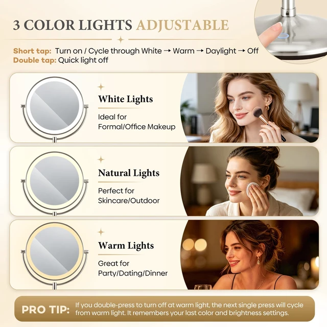 Alt view image 4 of 7 - SANFANGIE 9" Magnifying Mirror with Light, 20X Rechargeable Makeup Mirror | Base Touch Control & Charging, 3 Color Dimmable Lights, Double-Sided, for Bedroom Essentials, Gifts for Women