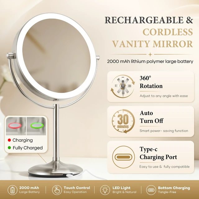 Alt view image 5 of 7 - SANFANGIE 9" Magnifying Mirror with Light, 20X Rechargeable Makeup Mirror | Base Touch Control & Charging, 3 Color Dimmable Lights, Double-Sided, for Bedroom Essentials, Gifts for Women