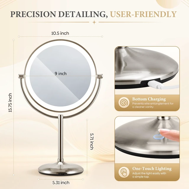 Alt view image 7 of 7 - SANFANGIE 9" Magnifying Mirror with Light, 20X Rechargeable Makeup Mirror | Base Touch Control & Charging, 3 Color Dimmable Lights, Double-Sided, for Bedroom Essentials, Gifts for Women