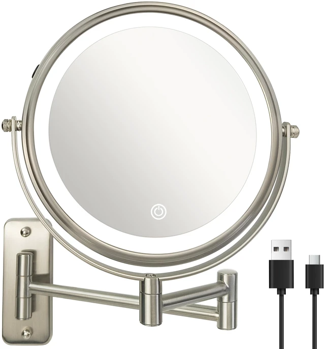 Main image of JANEEVA 8" Wall Mounted Lighted Makeup Mirror,Rechargeable Double Sided 1X/10X Magnifying Mirror with 3 Color Lights,Touch Dimmable Bathroom Vanity Mirror with 360°Swivel Extendable Arm Brushed Nickel
