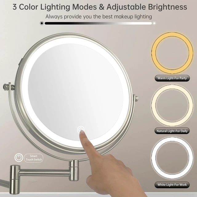 Alt view image 3 of 6 - JANEEVA 8" Wall Mounted Lighted Makeup Mirror,Rechargeable Double Sided 1X/10X Magnifying Mirror with 3 Color Lights,Touch Dimmable Bathroom Vanity Mirror with 360°Swivel Extendable Arm Brushed Nickel