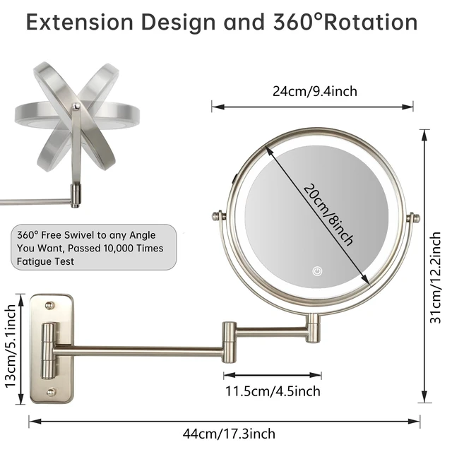 Alt view image 4 of 6 - JANEEVA 8" Wall Mounted Lighted Makeup Mirror,Rechargeable Double Sided 1X/10X Magnifying Mirror with 3 Color Lights,Touch Dimmable Bathroom Vanity Mirror with 360°Swivel Extendable Arm Brushed Nickel