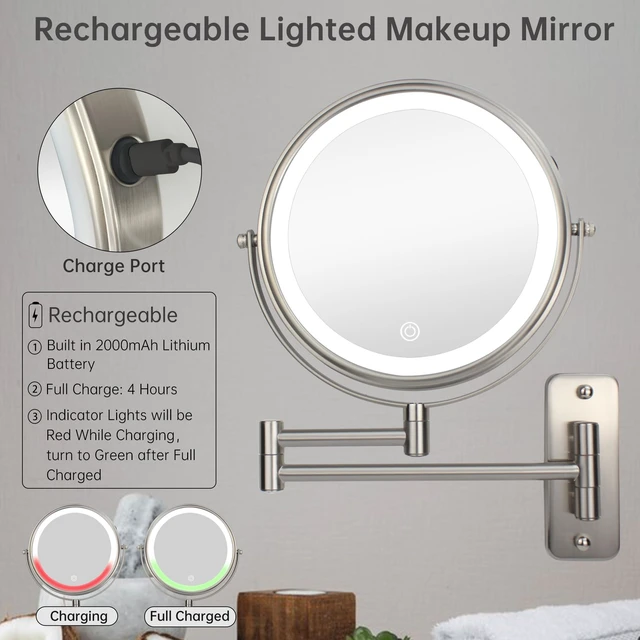 Alt view image 5 of 6 - JANEEVA 8" Wall Mounted Lighted Makeup Mirror,Rechargeable Double Sided 1X/10X Magnifying Mirror with 3 Color Lights,Touch Dimmable Bathroom Vanity Mirror with 360°Swivel Extendable Arm Brushed Nickel