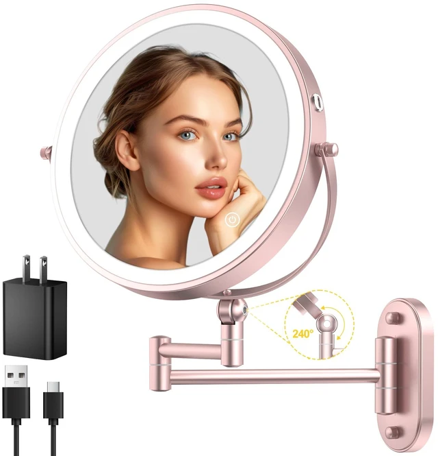 Main image of 9" Wall Mounted Lighted Makeup Mirror,4000mAh Rechargeable Double Sided 1X/10X Magnifying Mirror with Light,3 Color Lights,Touch Dimmable,Extended Arm 360 Rotation Wall Mounted Makeup Mirror