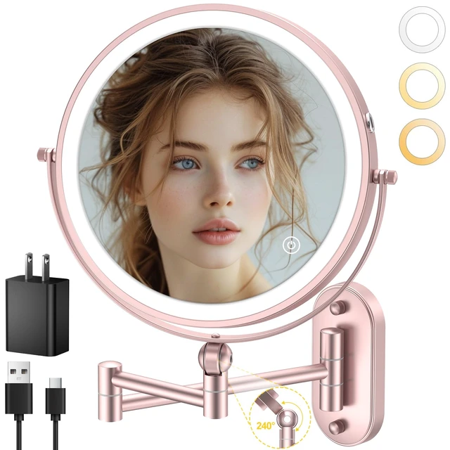 Alt view image 7 of 7 - 9" Wall Mounted Lighted Makeup Mirror,4000mAh Rechargeable Double Sided 1X/10X Magnifying Mirror with Light,3 Color Lights,Touch Dimmable,Extended Arm 360 Rotation Wall Mounted Makeup Mirror