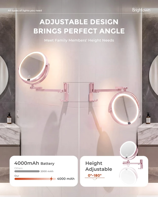 Alt view image 2 of 7 - 8" Wall Mounted lighted Makeup Mirror,Double Sided 1x/10x Magnifying Mirror | 4000mAh Rechargeable Touch Dimmable Mirror, Extended Arm 360° Rotation,3 Color Lights & Smart LED Digital Display