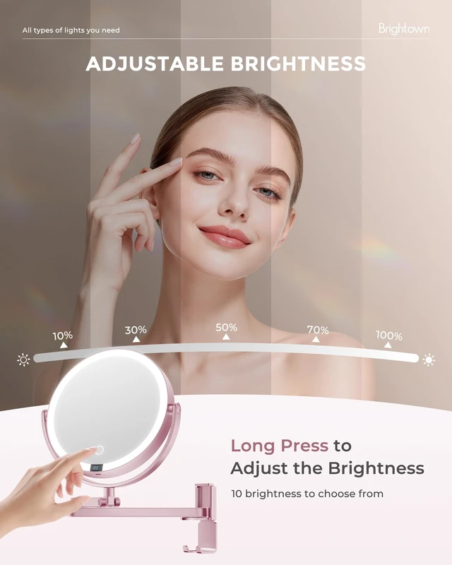Alt view image 4 of 7 - 8" Wall Mounted lighted Makeup Mirror,Double Sided 1x/10x Magnifying Mirror | 4000mAh Rechargeable Touch Dimmable Mirror, Extended Arm 360° Rotation,3 Color Lights & Smart LED Digital Display