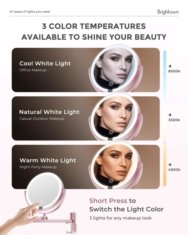 Alt view image 3 of 7 - 8" Wall Mounted lighted Makeup Mirror,Double Sided 1x/10x Magnifying Mirror | 4000mAh Rechargeable Touch Dimmable Mirror, Extended Arm 360° Rotation,3 Color Lights & Smart LED Digital Display
