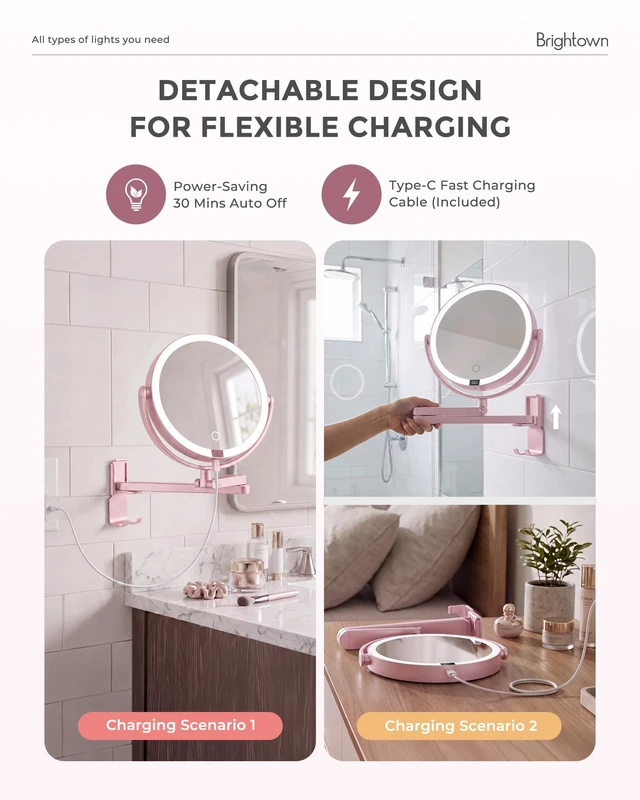 Alt view image 6 of 7 - 8" Wall Mounted lighted Makeup Mirror,Double Sided 1x/10x Magnifying Mirror | 4000mAh Rechargeable Touch Dimmable Mirror, Extended Arm 360° Rotation,3 Color Lights & Smart LED Digital Display