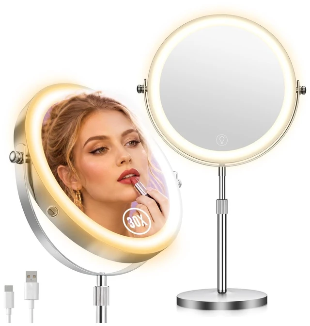 Main image of Zlroluyn 1X/30X Makeup Mirror with Lights, 9" Magnifying Mirror Height Adjustable Double Sided Vanity Mirror, 360° Rotation Cosmetic Mirror for Desk Bathroom, Ideal Gift for Women - Nickel