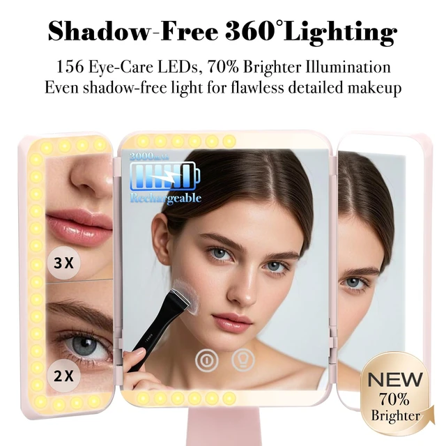 Alt view image 2 of 7 - SIMETRA 15.6'' Rechargeable Makeup Mirror with Lights Trifold Vanity Mirror | 3000mAh, 156 LEDs, 1X/2X/3X magnification, Touch Dimming, Clear HD View for Makeup and Skincare, Gift for Women