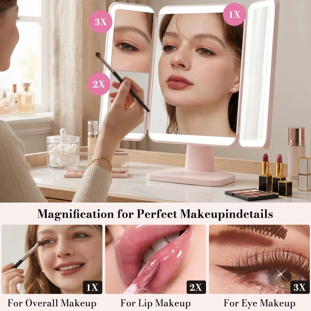 Alt view image 4 of 7 - SIMETRA 15.6'' Rechargeable Makeup Mirror with Lights Trifold Vanity Mirror | 3000mAh, 156 LEDs, 1X/2X/3X magnification, Touch Dimming, Clear HD View for Makeup and Skincare, Gift for Women