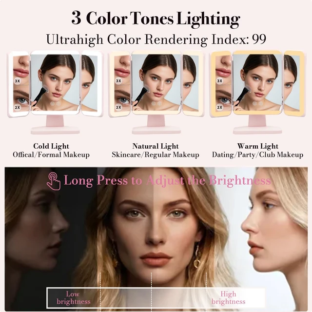 Alt view image 5 of 7 - SIMETRA 15.6'' Rechargeable Makeup Mirror with Lights Trifold Vanity Mirror | 3000mAh, 156 LEDs, 1X/2X/3X magnification, Touch Dimming, Clear HD View for Makeup and Skincare, Gift for Women