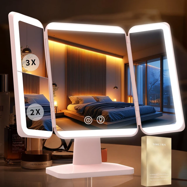 Main image of SIMETRA 15.6'' Rechargeable Makeup Mirror with Lights Trifold Vanity Mirror | 3000mAh, 156 LEDs, 1X/2X/3X magnification, Touch Dimming, Clear HD View for Makeup and Skincare, Gift for Women