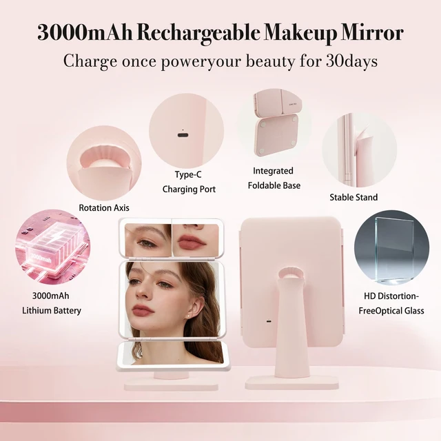 Alt view image 6 of 7 - SIMETRA 15.6'' Rechargeable Makeup Mirror with Lights Trifold Vanity Mirror | 3000mAh, 156 LEDs, 1X/2X/3X magnification, Touch Dimming, Clear HD View for Makeup and Skincare, Gift for Women