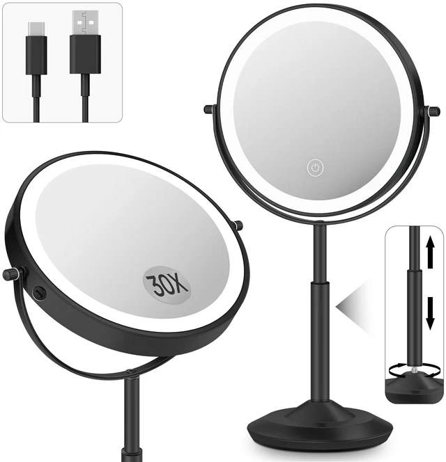 Main image of 8" Lighted Makeup Mirror with Light,30X Magnifying Height Adjustable Mirror | 3000mAh Rechargeable Battery Vanity Mirrors with 3 LED Lighting Dimmable for Desk Dresser Office Women Gift