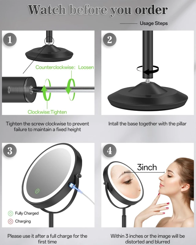 Alt view image 2 of 7 - 8" Lighted Makeup Mirror with Light,30X Magnifying Height Adjustable Mirror | 3000mAh Rechargeable Battery Vanity Mirrors with 3 LED Lighting Dimmable for Desk Dresser Office Women Gift