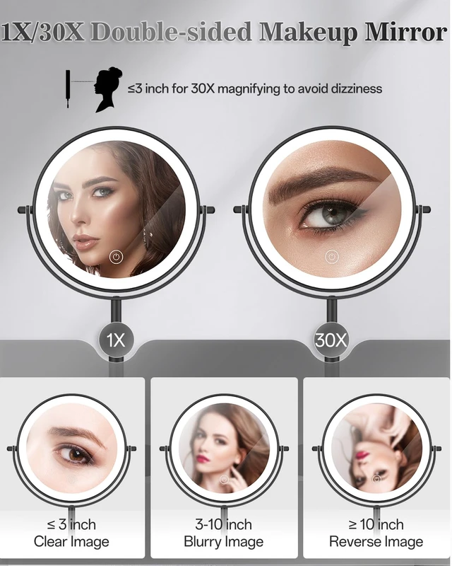 Alt view image 3 of 7 - 8" Lighted Makeup Mirror with Light,30X Magnifying Height Adjustable Mirror | 3000mAh Rechargeable Battery Vanity Mirrors with 3 LED Lighting Dimmable for Desk Dresser Office Women Gift
