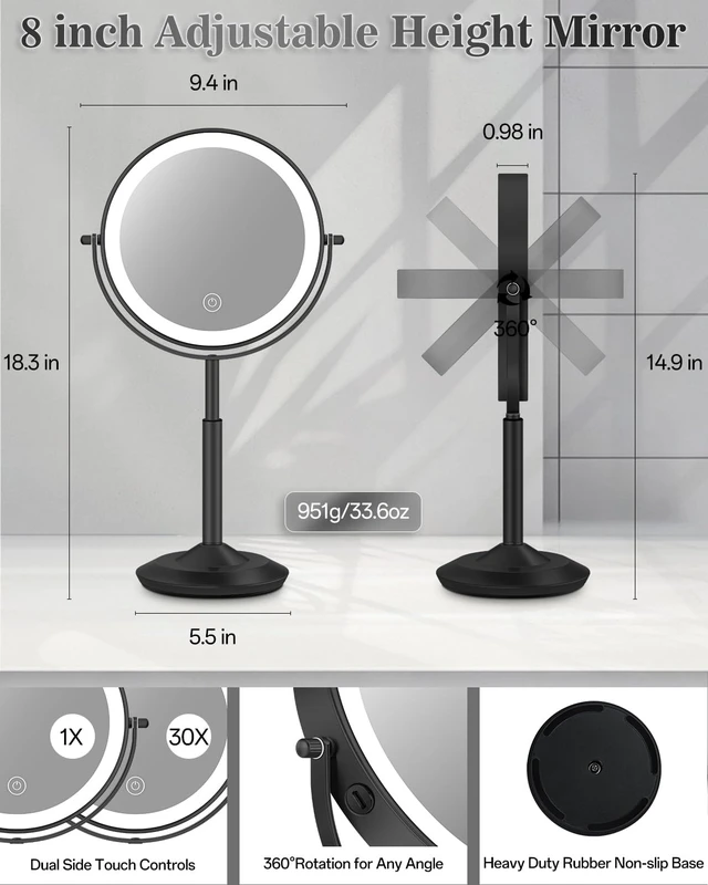 Alt view image 6 of 7 - 8" Lighted Makeup Mirror with Light,30X Magnifying Height Adjustable Mirror | 3000mAh Rechargeable Battery Vanity Mirrors with 3 LED Lighting Dimmable for Desk Dresser Office Women Gift