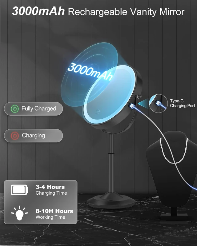 Alt view image 7 of 7 - 8" Lighted Makeup Mirror with Light,30X Magnifying Height Adjustable Mirror | 3000mAh Rechargeable Battery Vanity Mirrors with 3 LED Lighting Dimmable for Desk Dresser Office Women Gift