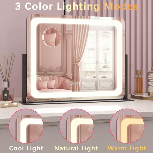 Alt view image 2 of 7 - ROLOVE 22x17 Inch Lighted Vanity Mirror with Dimmable LED Lights - 3 Color Modes, Smart Touch Control & 360° Rotating Base - Desk Makeup Mirror (Black)