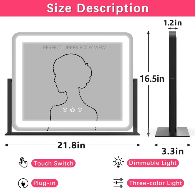 Alt view image 4 of 7 - ROLOVE 22x17 Inch Lighted Vanity Mirror with Dimmable LED Lights - 3 Color Modes, Smart Touch Control & 360° Rotating Base - Desk Makeup Mirror (Black)