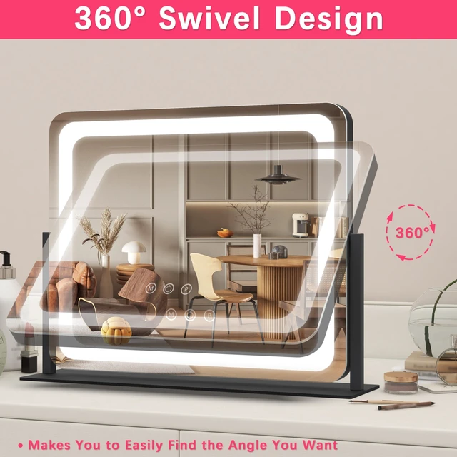 Alt view image 5 of 7 - ROLOVE 22x17 Inch Lighted Vanity Mirror with Dimmable LED Lights - 3 Color Modes, Smart Touch Control & 360° Rotating Base - Desk Makeup Mirror (Black)