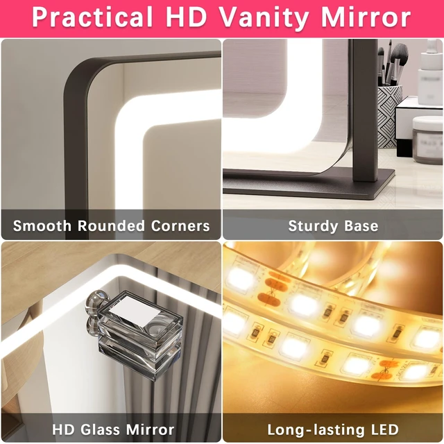 Alt view image 7 of 7 - ROLOVE 22x17 Inch Lighted Vanity Mirror with Dimmable LED Lights - 3 Color Modes, Smart Touch Control & 360° Rotating Base - Desk Makeup Mirror (Black)