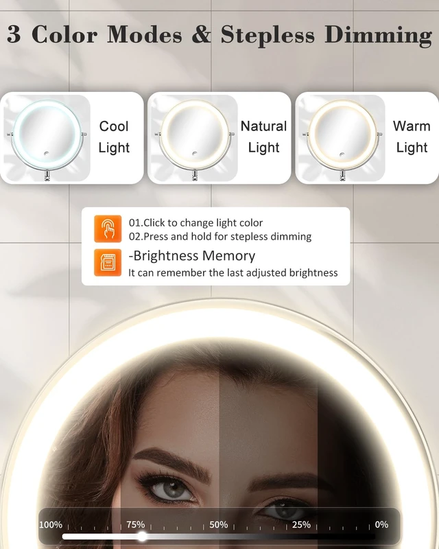 Alt view image 2 of 7 - 9'' 30X/1X Wall Mounted Height Adjustable Lighted Magnifying Makeup Mirror | 5000mAh Rechargeable Bathroom Mirror with 3 Color Modes Light, Extended Arm Space Saving for Apartment, Hotel, Rental House