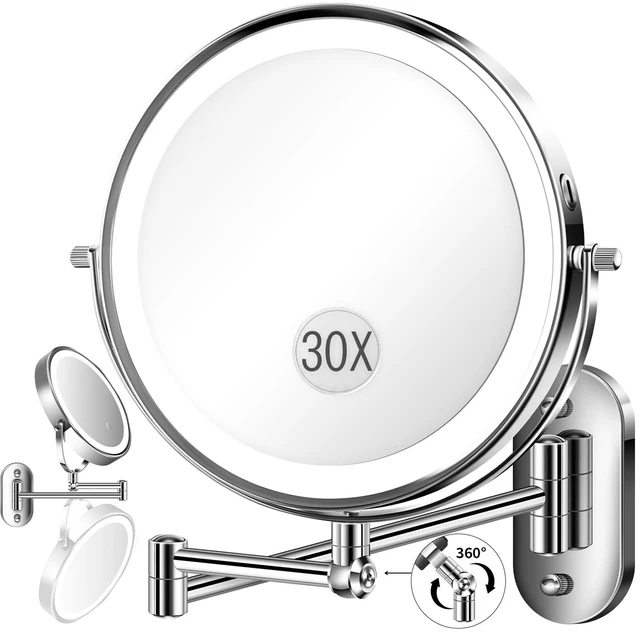 Main image of 9'' 30X/1X Wall Mounted Height Adjustable Lighted Magnifying Makeup Mirror | 5000mAh Rechargeable Bathroom Mirror with 3 Color Modes Light, Extended Arm Space Saving for Apartment, Hotel, Rental House