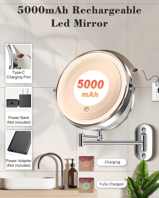Alt view image 5 of 7 - 9'' 30X/1X Wall Mounted Height Adjustable Lighted Magnifying Makeup Mirror | 5000mAh Rechargeable Bathroom Mirror with 3 Color Modes Light, Extended Arm Space Saving for Apartment, Hotel, Rental House