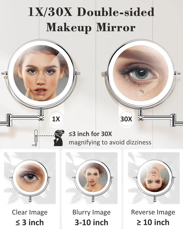 Alt view image 3 of 7 - 9'' 30X/1X Wall Mounted Height Adjustable Lighted Magnifying Makeup Mirror | 5000mAh Rechargeable Bathroom Mirror with 3 Color Modes Light, Extended Arm Space Saving for Apartment, Hotel, Rental House