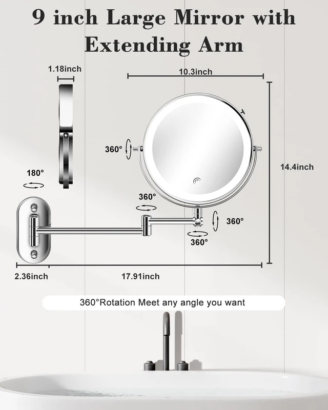 Alt view image 4 of 7 - 9'' 30X/1X Wall Mounted Height Adjustable Lighted Magnifying Makeup Mirror | 5000mAh Rechargeable Bathroom Mirror with 3 Color Modes Light, Extended Arm Space Saving for Apartment, Hotel, Rental House