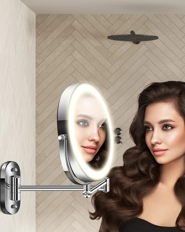 Alt view image 7 of 7 - 9'' 30X/1X Wall Mounted Height Adjustable Lighted Magnifying Makeup Mirror | 5000mAh Rechargeable Bathroom Mirror with 3 Color Modes Light, Extended Arm Space Saving for Apartment, Hotel, Rental House