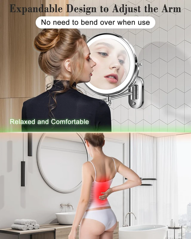 Alt view image 6 of 7 - 9'' 30X/1X Wall Mounted Height Adjustable Lighted Magnifying Makeup Mirror | 5000mAh Rechargeable Bathroom Mirror with 3 Color Modes Light, Extended Arm Space Saving for Apartment, Hotel, Rental House