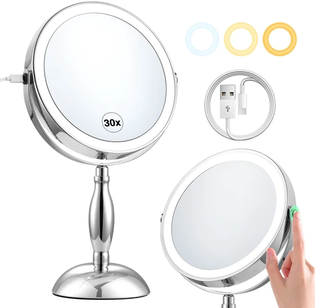 Main image of 30x Magnifying Mirror, Chrome Lighted Makeup Mirror with 3 Colors Modes | Adjustable Brightness, 5000mAh Rechargeable, 360° Rotation Double Side, Large Magnifying Vanity Mirror, Gifts for Women