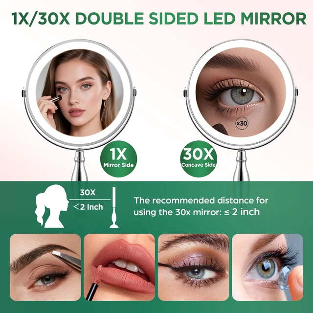 Alt view image 2 of 7 - 30x Magnifying Mirror, Chrome Lighted Makeup Mirror with 3 Colors Modes | Adjustable Brightness, 5000mAh Rechargeable, 360° Rotation Double Side, Large Magnifying Vanity Mirror, Gifts for Women