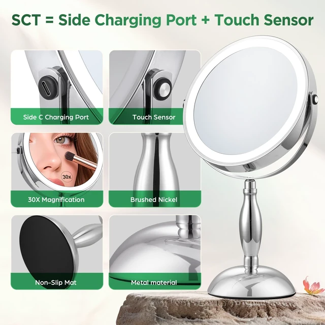 Alt view image 3 of 7 - 30x Magnifying Mirror, Chrome Lighted Makeup Mirror with 3 Colors Modes | Adjustable Brightness, 5000mAh Rechargeable, 360° Rotation Double Side, Large Magnifying Vanity Mirror, Gifts for Women