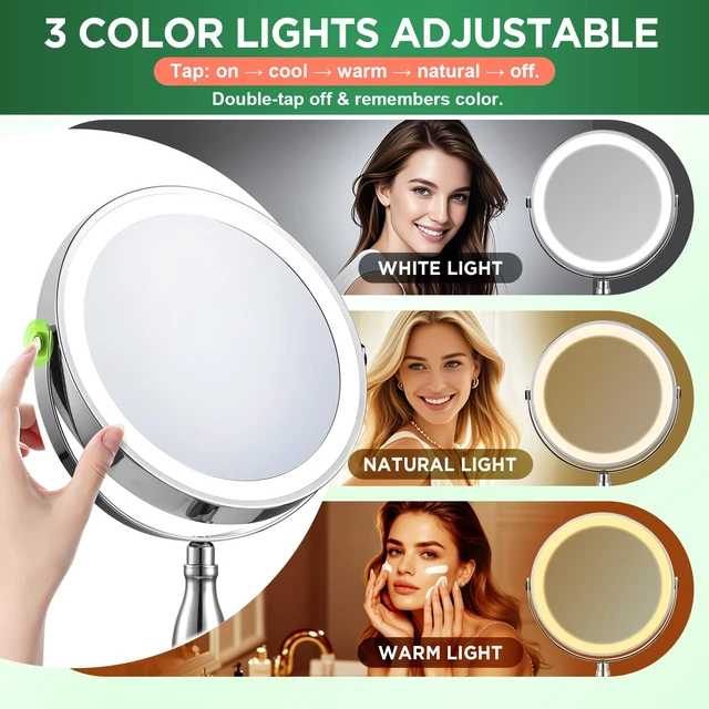 Alt view image 4 of 7 - 30x Magnifying Mirror, Chrome Lighted Makeup Mirror with 3 Colors Modes | Adjustable Brightness, 5000mAh Rechargeable, 360° Rotation Double Side, Large Magnifying Vanity Mirror, Gifts for Women
