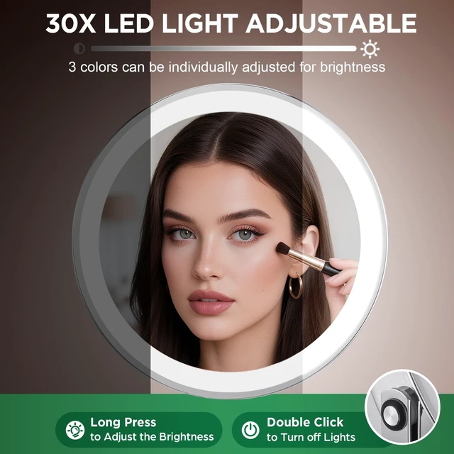 Alt view image 5 of 7 - 30x Magnifying Mirror, Chrome Lighted Makeup Mirror with 3 Colors Modes | Adjustable Brightness, 5000mAh Rechargeable, 360° Rotation Double Side, Large Magnifying Vanity Mirror, Gifts for Women