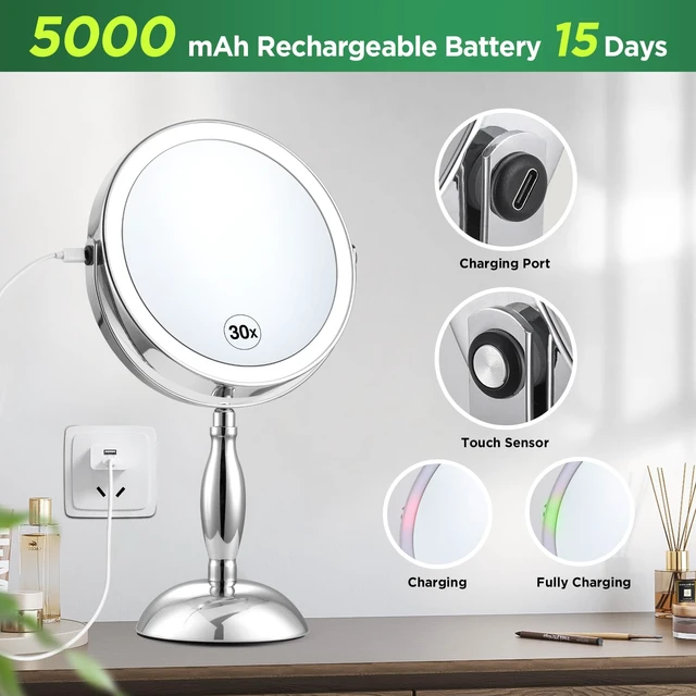Alt view image 7 of 7 - 30x Magnifying Mirror, Chrome Lighted Makeup Mirror with 3 Colors Modes | Adjustable Brightness, 5000mAh Rechargeable, 360° Rotation Double Side, Large Magnifying Vanity Mirror, Gifts for Women