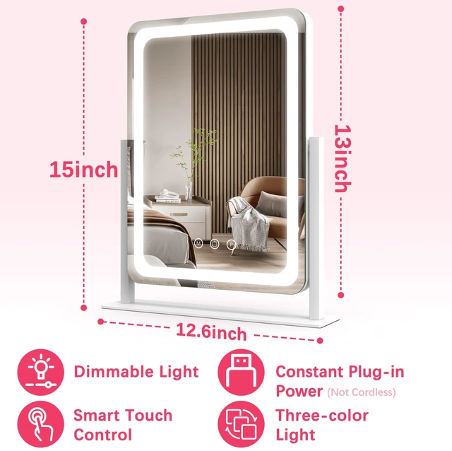 Alt view image 2 of 7 - ROLOVE Vanity Mirror with Lights, 12.6"x15" LED Makeup Mirror with Lights, Smart Touch Control 3 Color Dimmable, Lighted Desk Mirror for Bedroom, Light Up Mirror